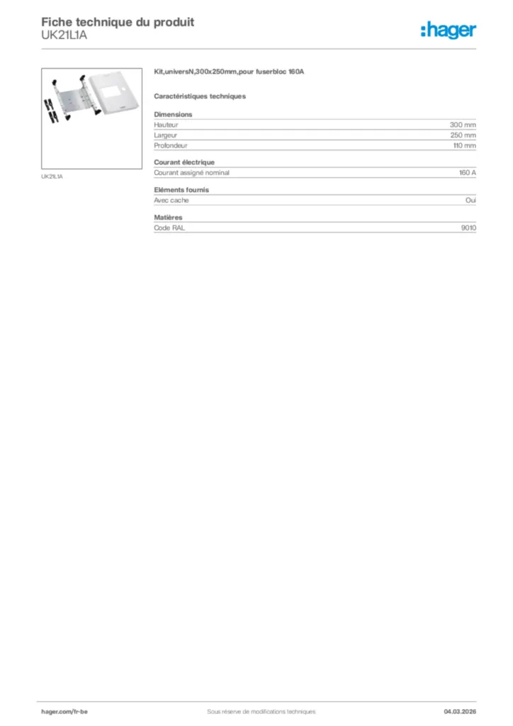 Image Hager Fiche technique du produit UK21L1A | Hager Belgique
