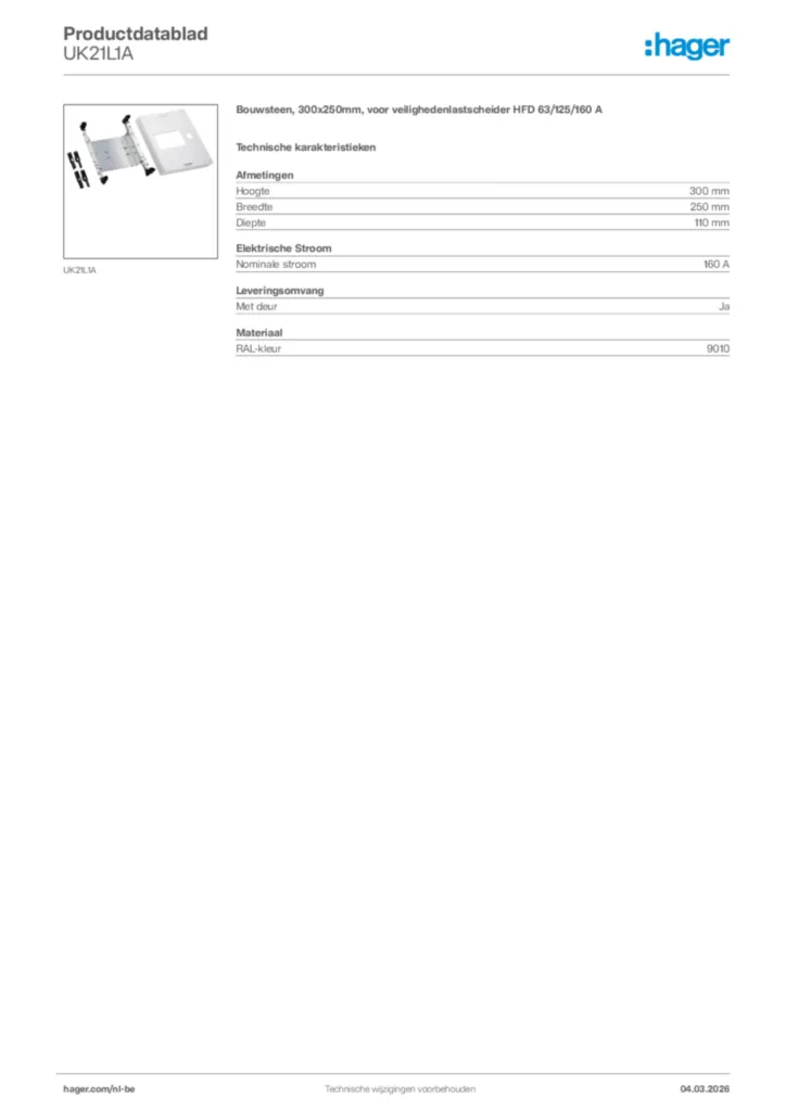 Afbeelding Hager Productdatablad UK21L1A | Hager Belgium