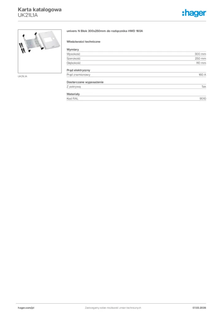 Zdjęcie Hager Karta katalogowa UK21L1A | Hager Polska