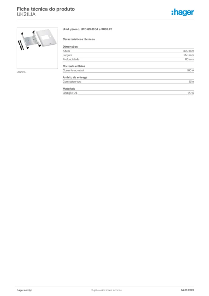 Imagem Hager Ficha técnica do produto UK21L1A | Hager Portugal