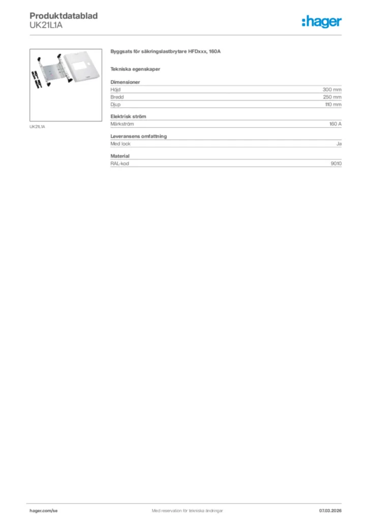 Bild Hager Produktdatablad UK21L1A | Hager Sverige