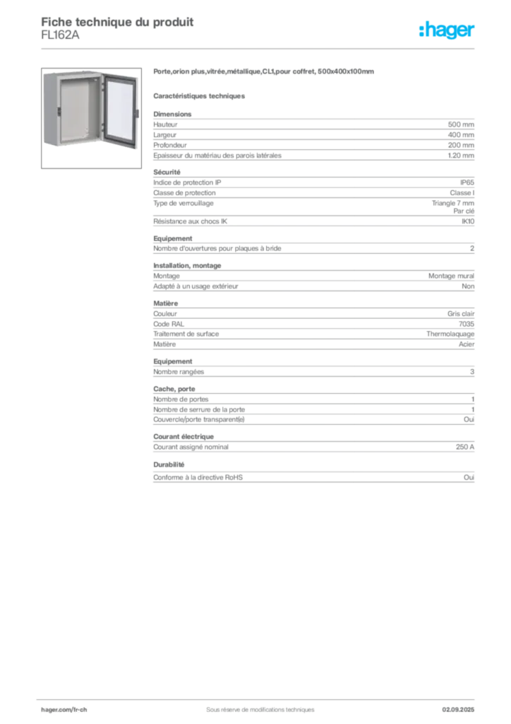 Image Hager Fiche technique du produit FL162A | Hager Suisse