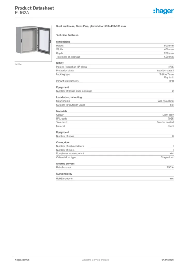 Image Hager Product data sheet FL162A  | Hager