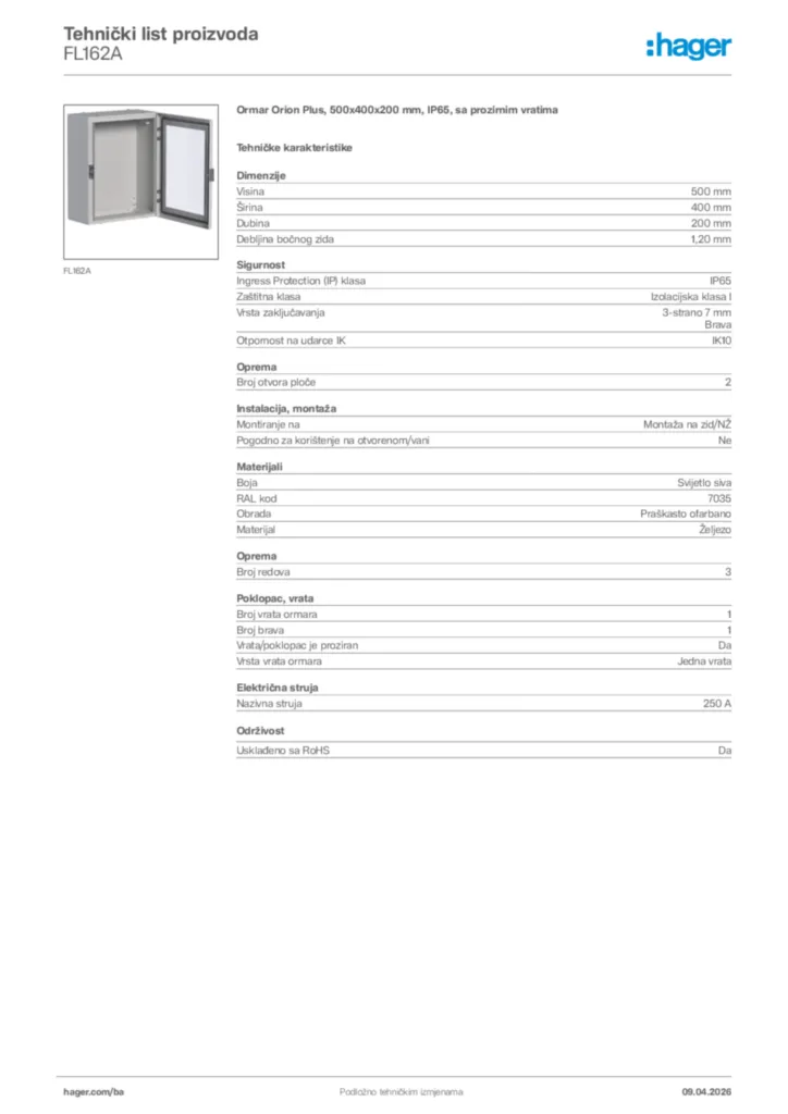 Slika Hager Tehnički list proizvoda FL162A  | Hager