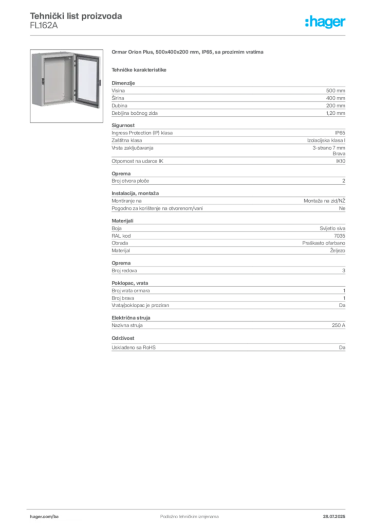 Slika Hager Product data sheet FL162A  | Hager