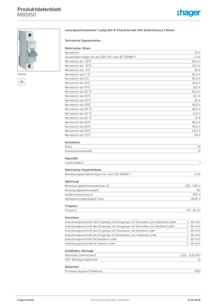Bild Hager Produktdatenblatt MBS150 | Hager Deutschland