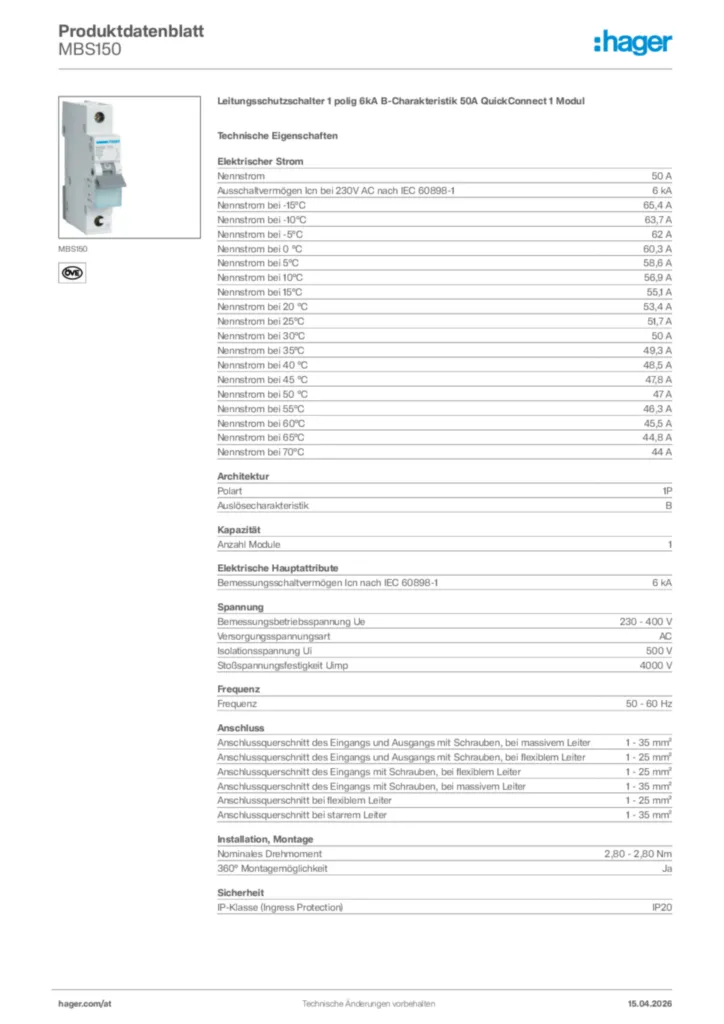 Bild Hager Produktdatenblatt MBS150 | Hager Deutschland