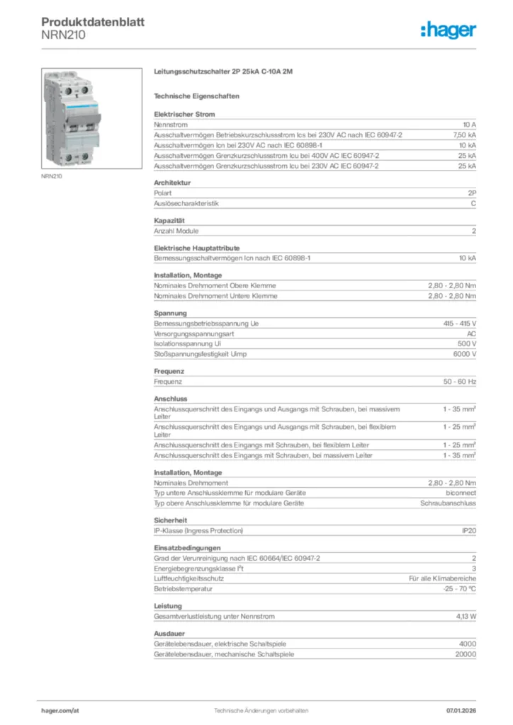 Bild Hager Produktdatenblatt NRN210 | Hager Deutschland