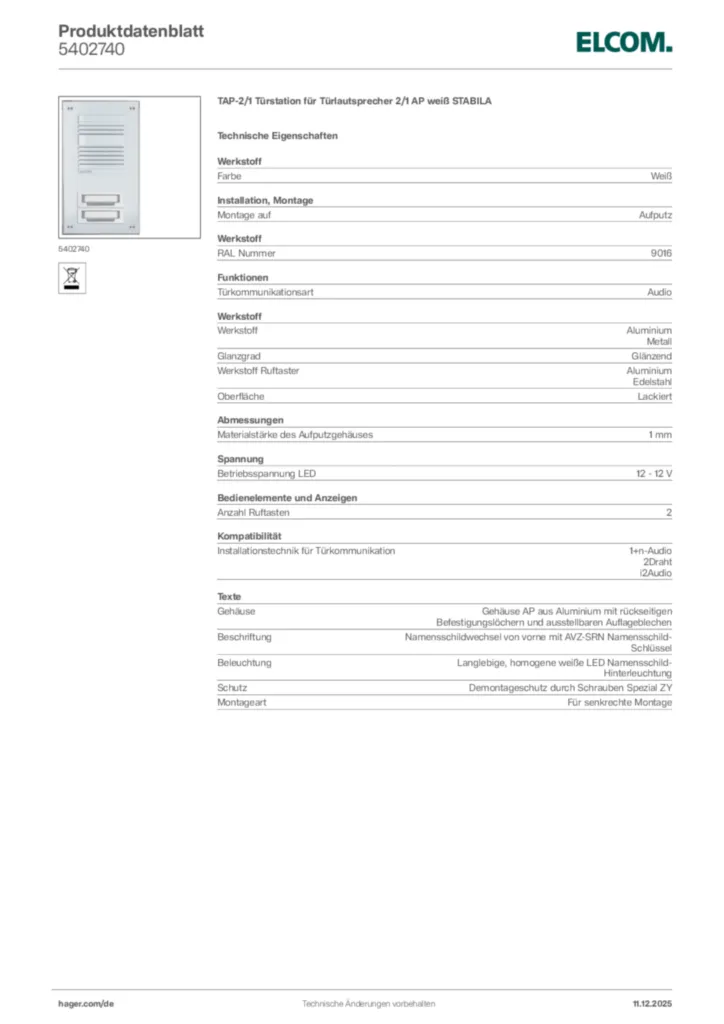 Bild Elcom Produktdatenblatt 5402740 | Hager Deutschland