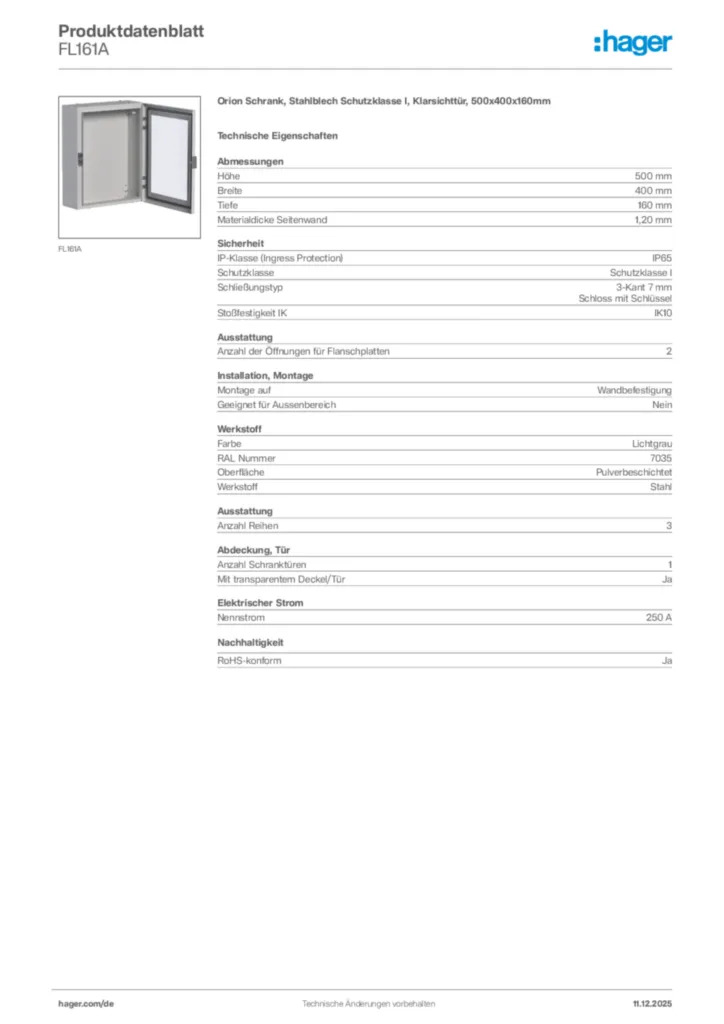 Hager Produktdatenblatt FL161A