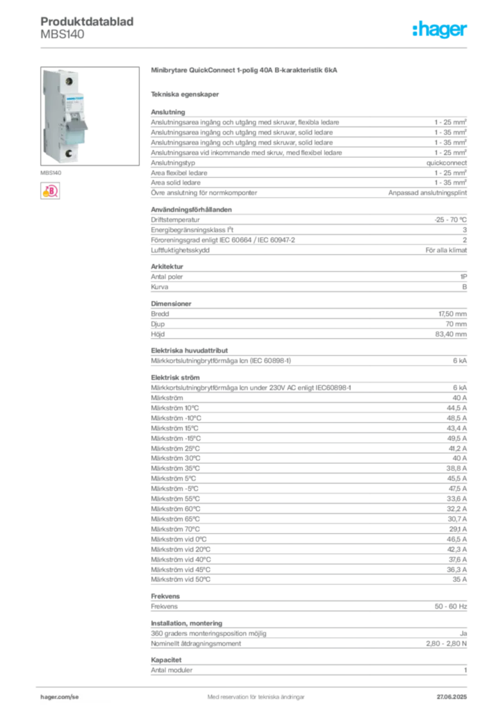 Bild Hager Produktdatablad MBS140 | Hager Sverige