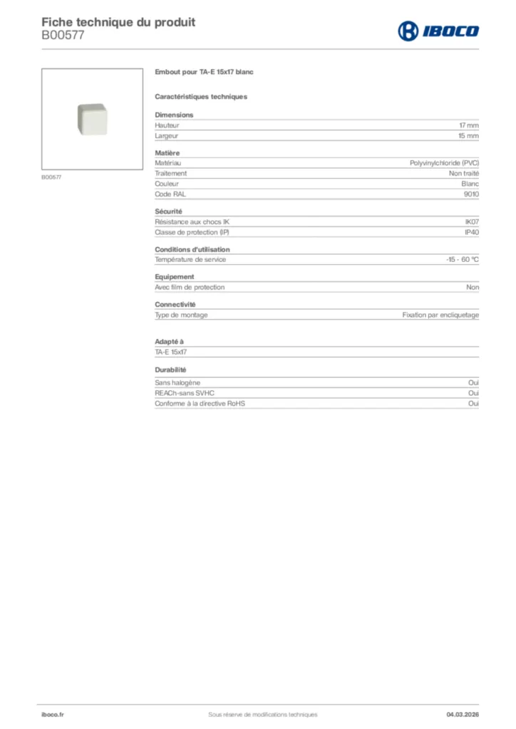 Image Iboco Fiche technique du produit B00577 | Hager France