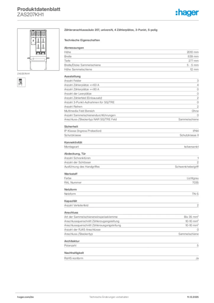 Bild Hager Produktdatenblatt ZAS207KH1 | Hager Deutschland