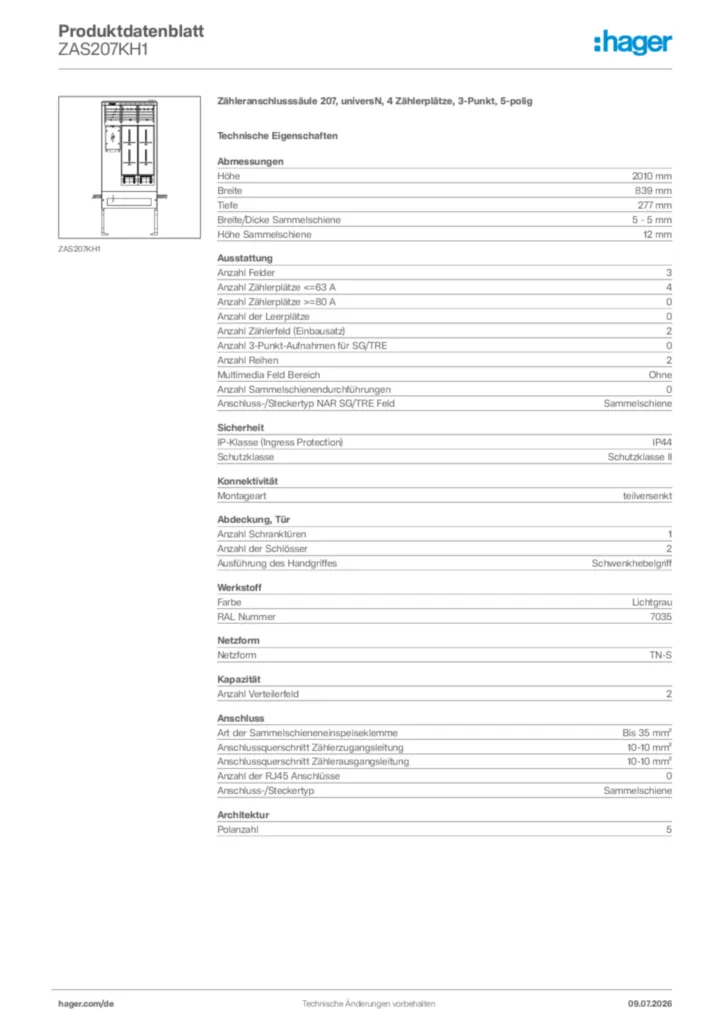 Bild Hager Produktdatenblatt ZAS207KH1 | Hager Deutschland