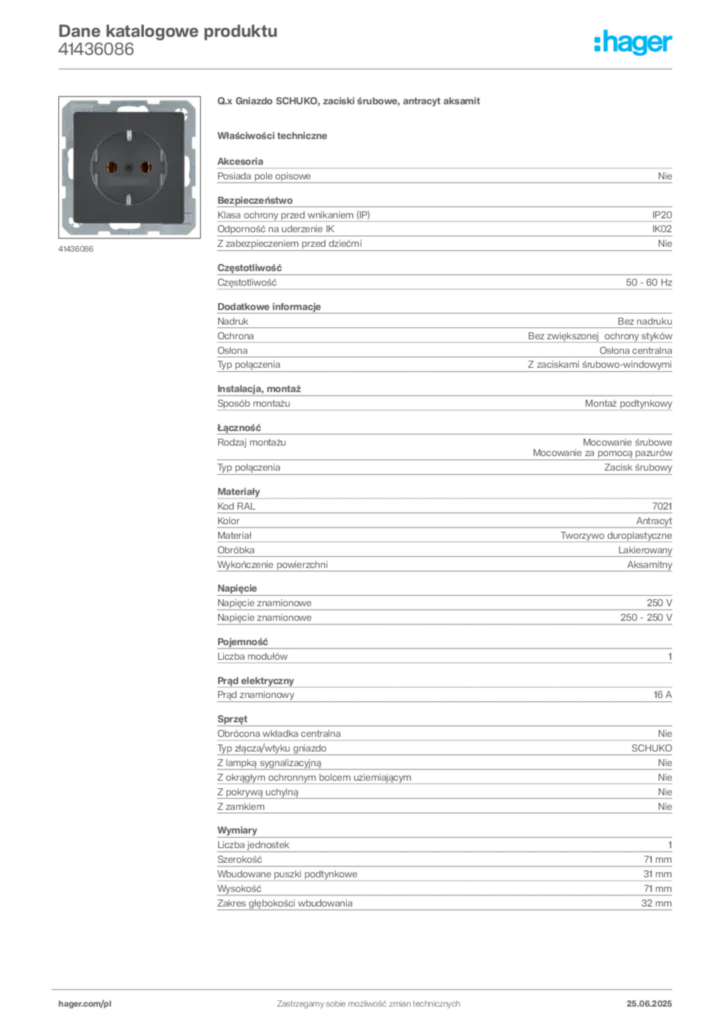 Zdjęcie Hager Dane katalogowe produktu 41436086 | Hager Polska