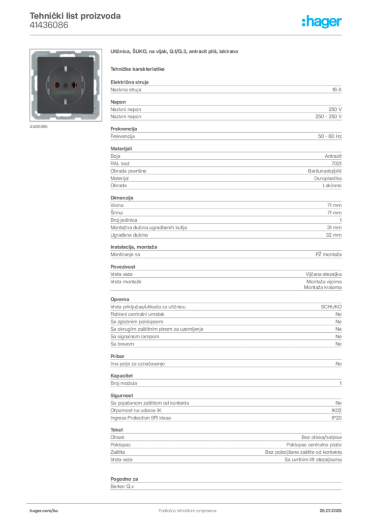 Slika Hager Product data sheet 41436086  | Hager