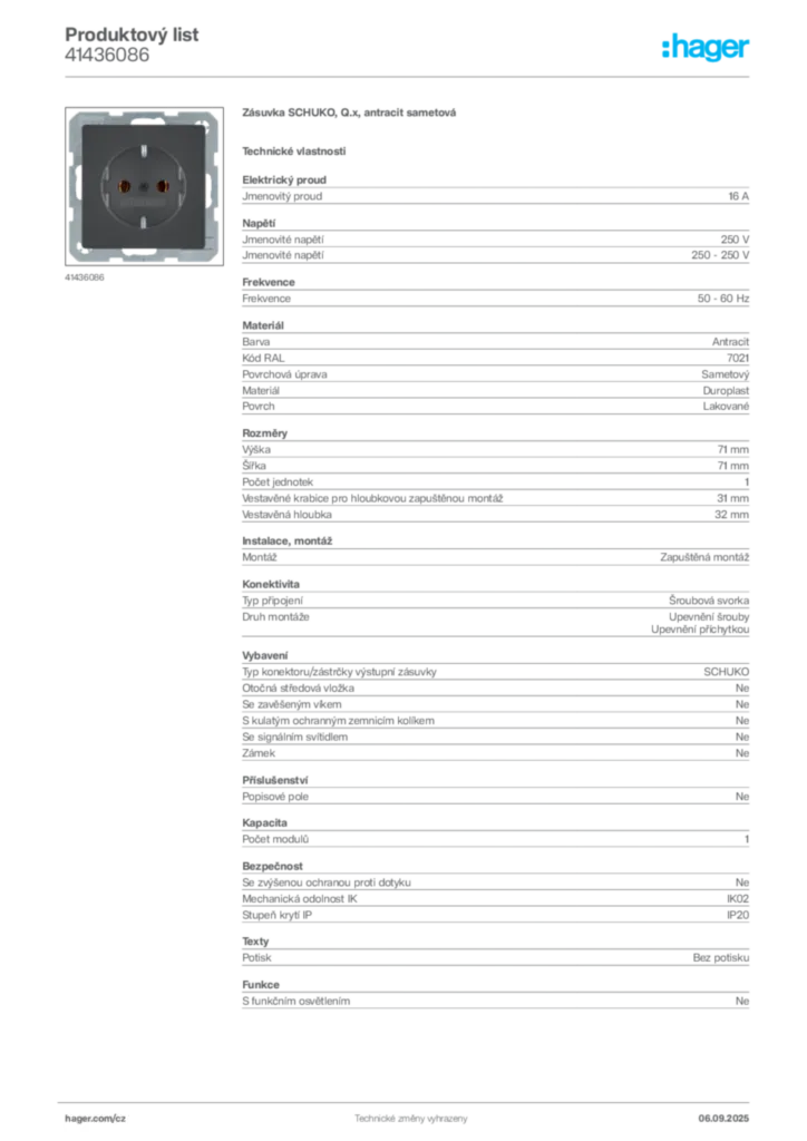 Obrázek Hager Produktový list 41436086 | Hager