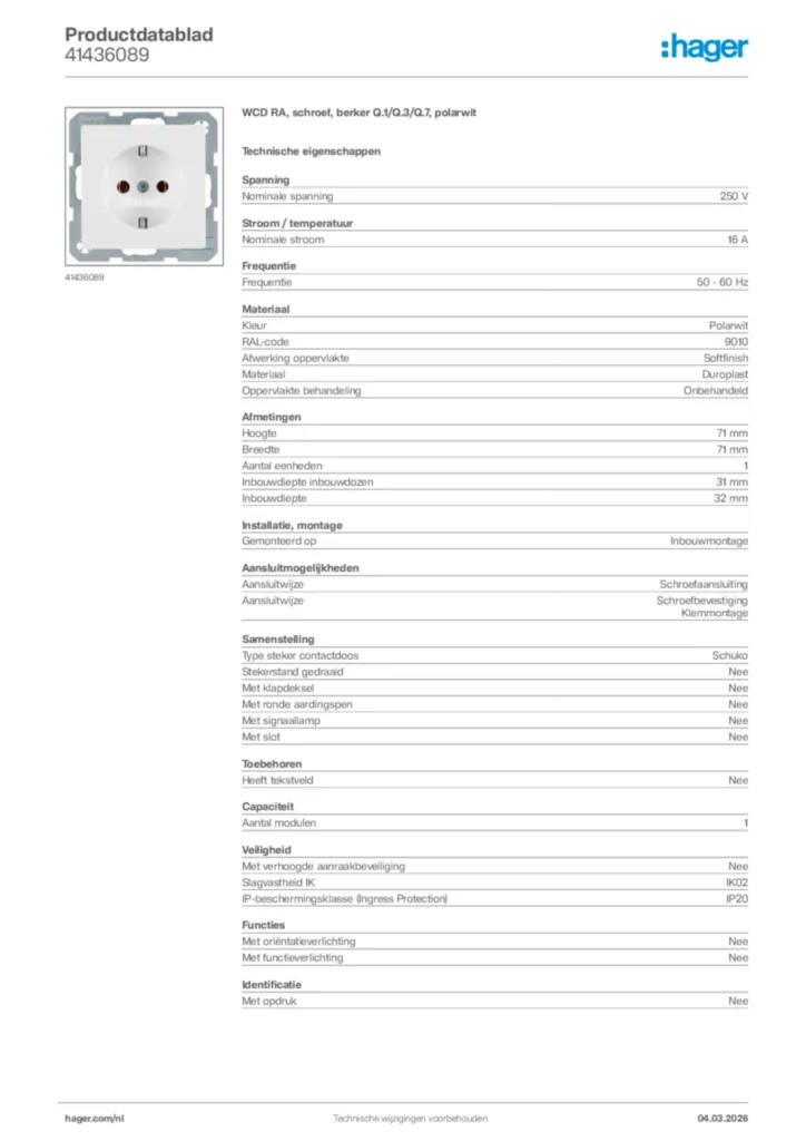 Afbeelding Hager Productdatablad 41436089 | Hager Nederland