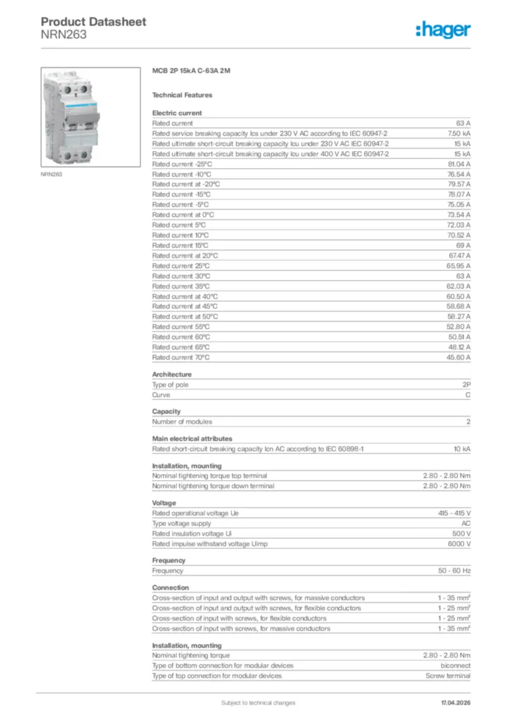 Image Hager Product data sheet NRN263  | Hager Africa