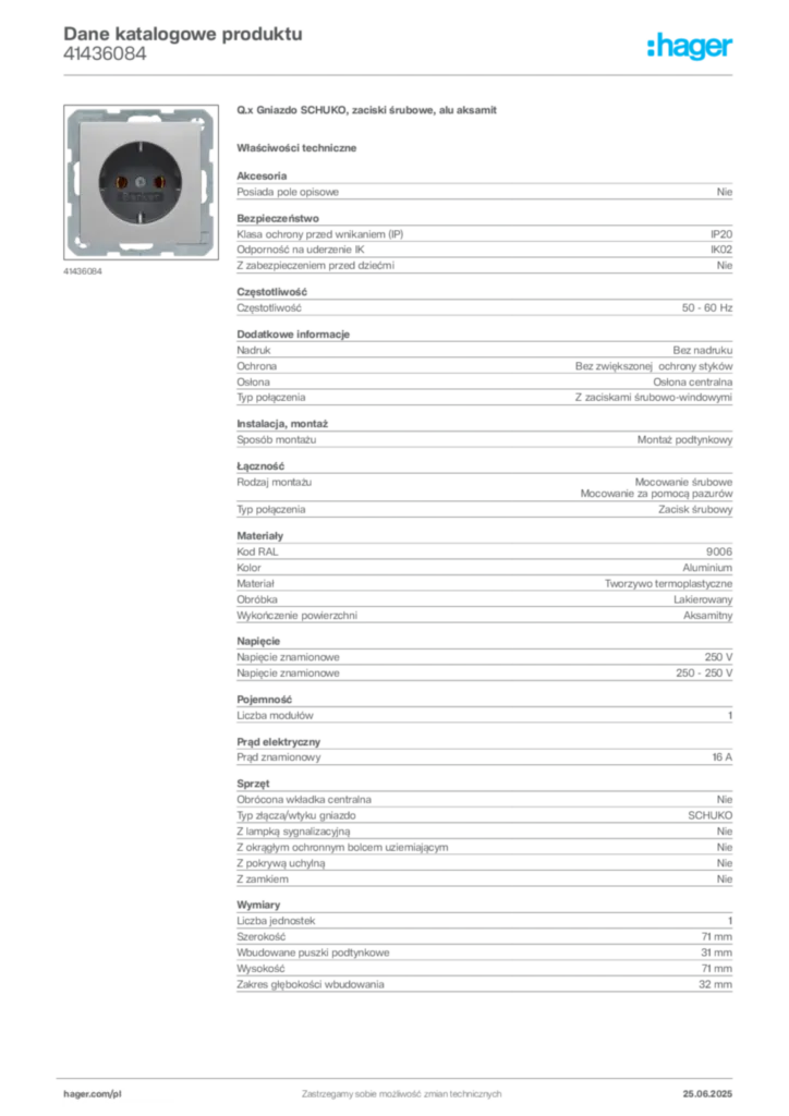 Zdjęcie Hager Dane katalogowe produktu 41436084 | Hager Polska