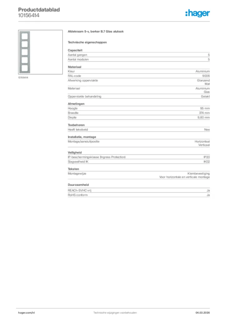 Afbeelding Hager Productdatablad 10156414 | Hager Nederland