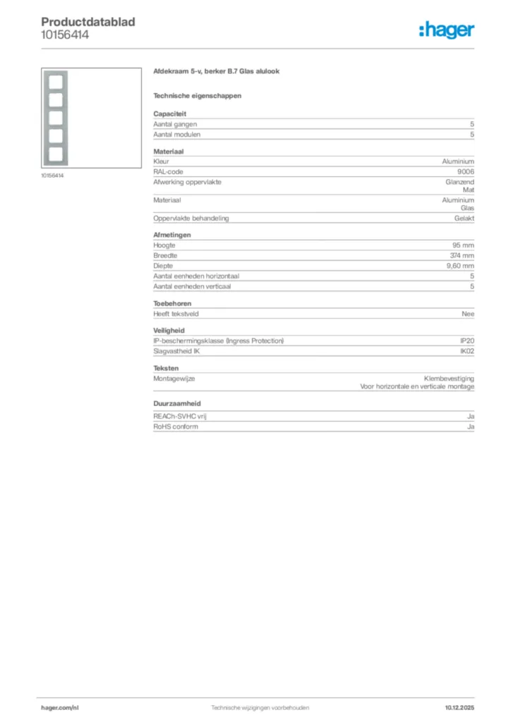 Afbeelding Hager Productdatablad 10156414 | Hager Nederland