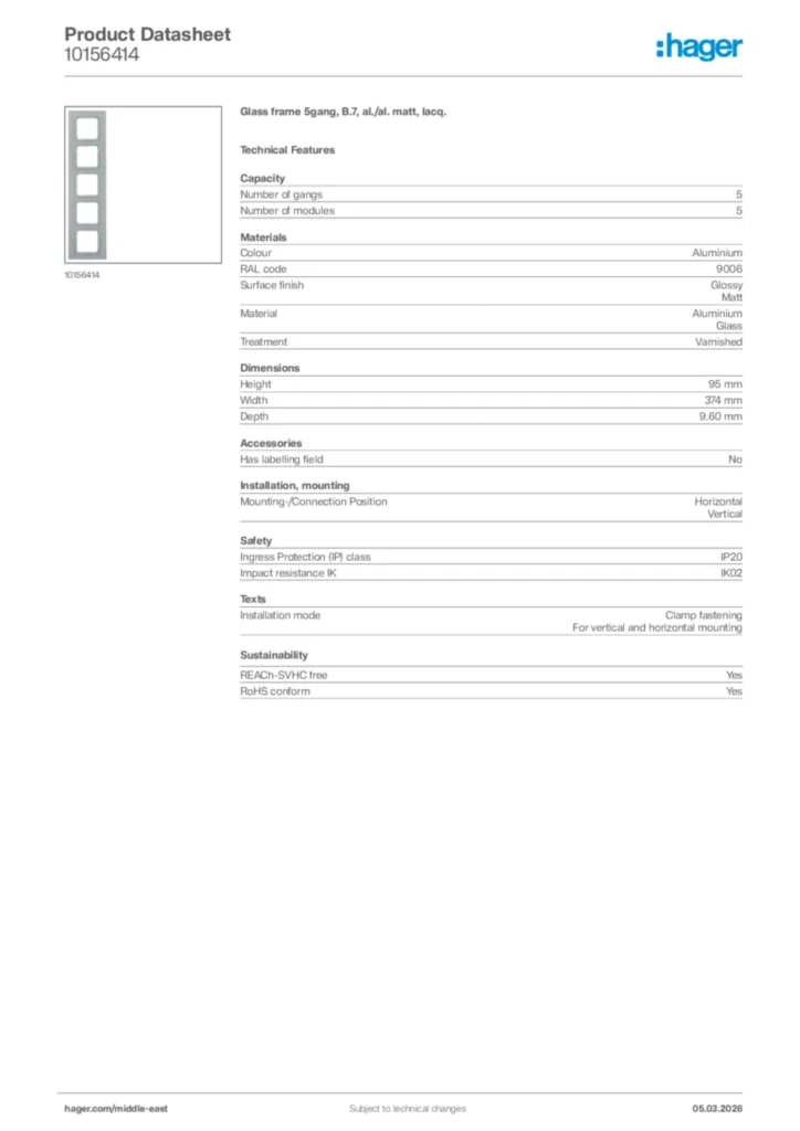 Image Hager Product data sheet 10156414  | Hager
