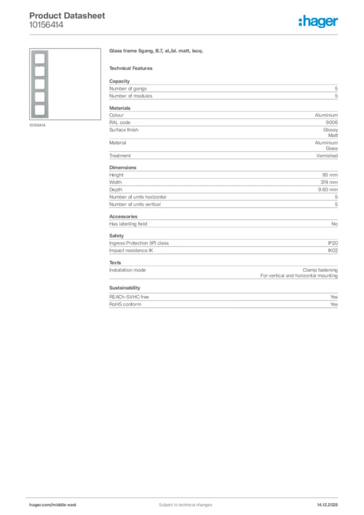 Image Hager Product data sheet 10156414  | Hager