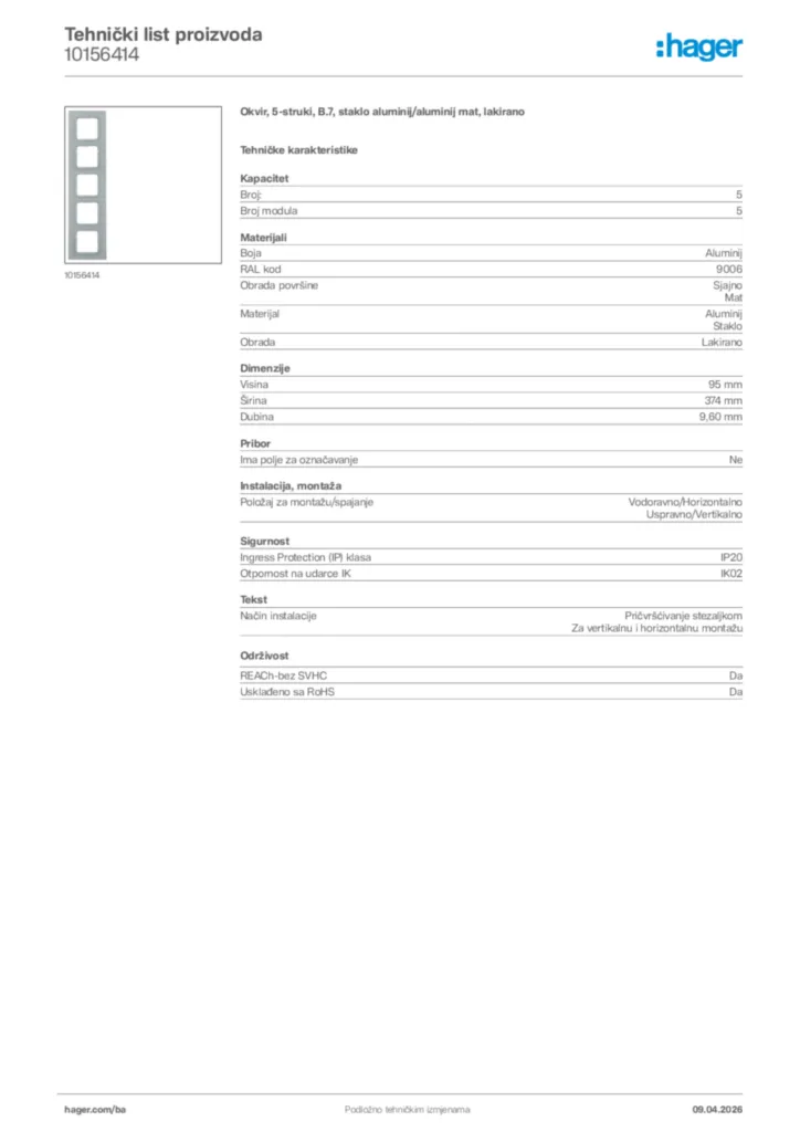 Slika Hager Tehnički list proizvoda 10156414  | Hager