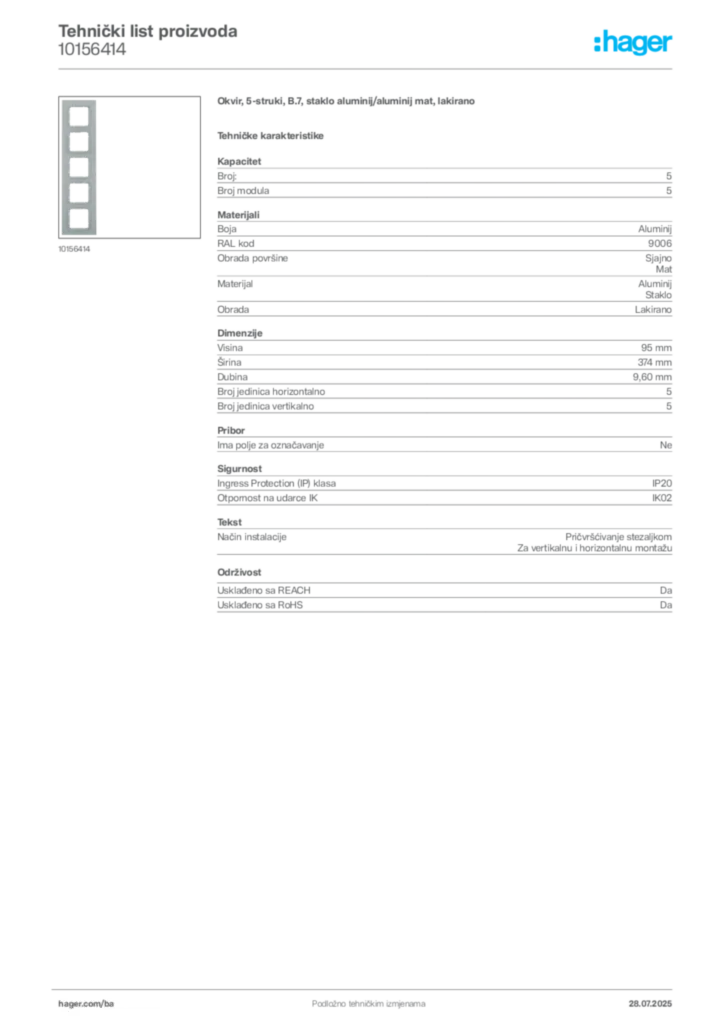 Slika Hager Product data sheet 10156414  | Hager