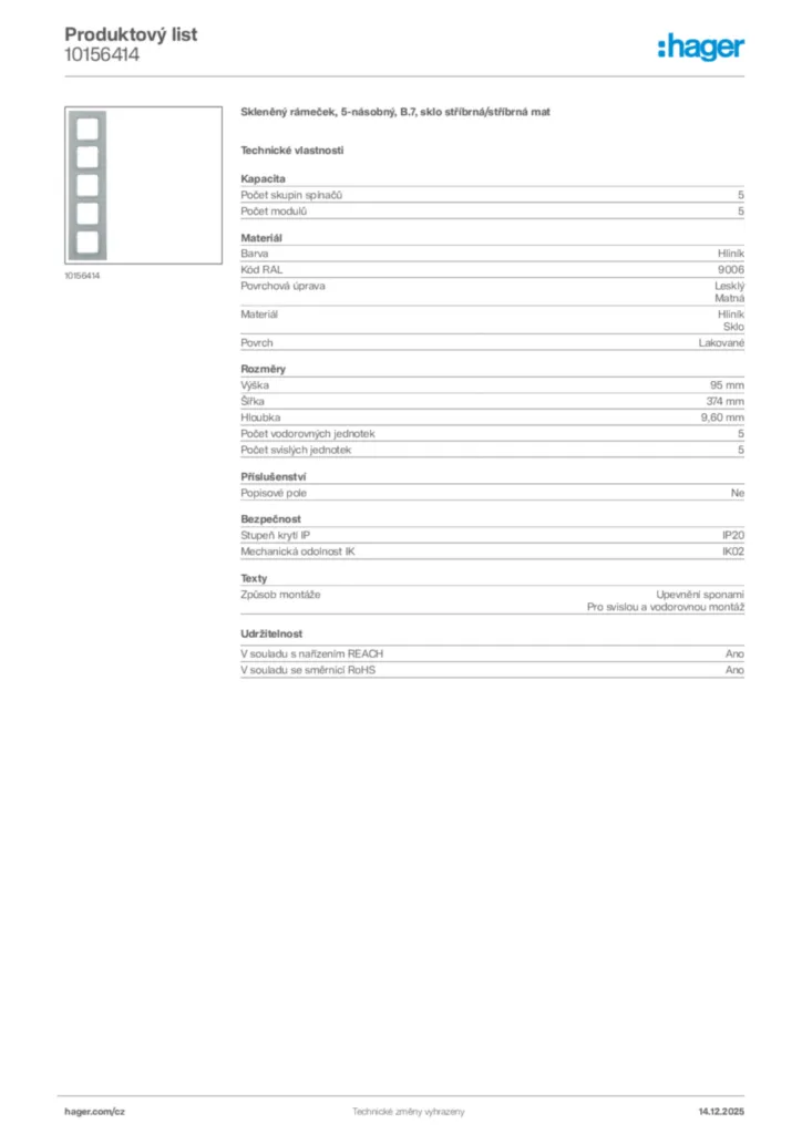 Obrázek Hager Produktový list 10156414 | Hager