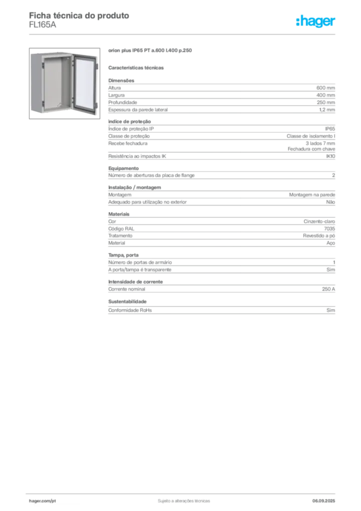 Imagem Hager Ficha técnica do produto FL165A | Hager Portugal