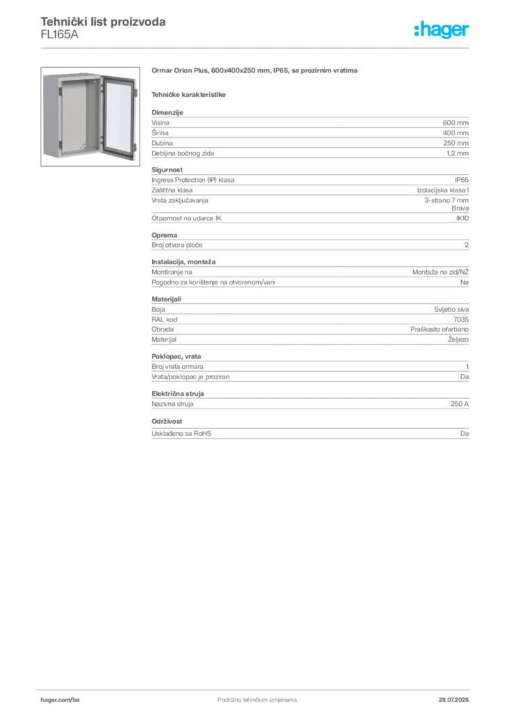 Slika Hager Product data sheet FL165A  | Hager