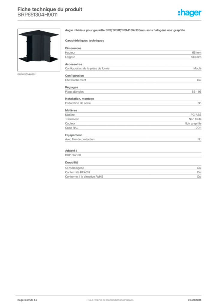 Image Hager Fiche technique du produit BRP651304H9011 | Hager Belgique