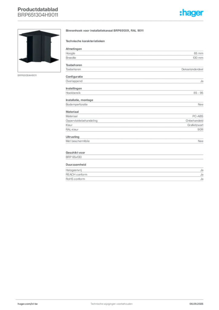 Afbeelding Hager Productdatablad BRP651304H9011 | Hager Belgium