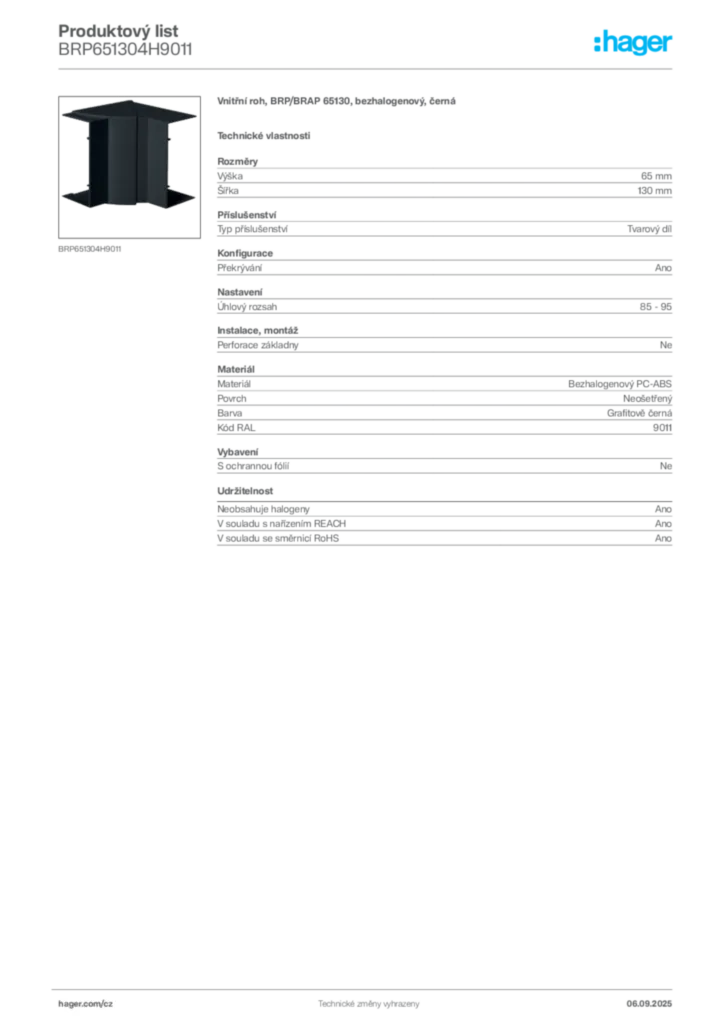 Obrázek Hager Produktový list BRP651304H9011 | Hager