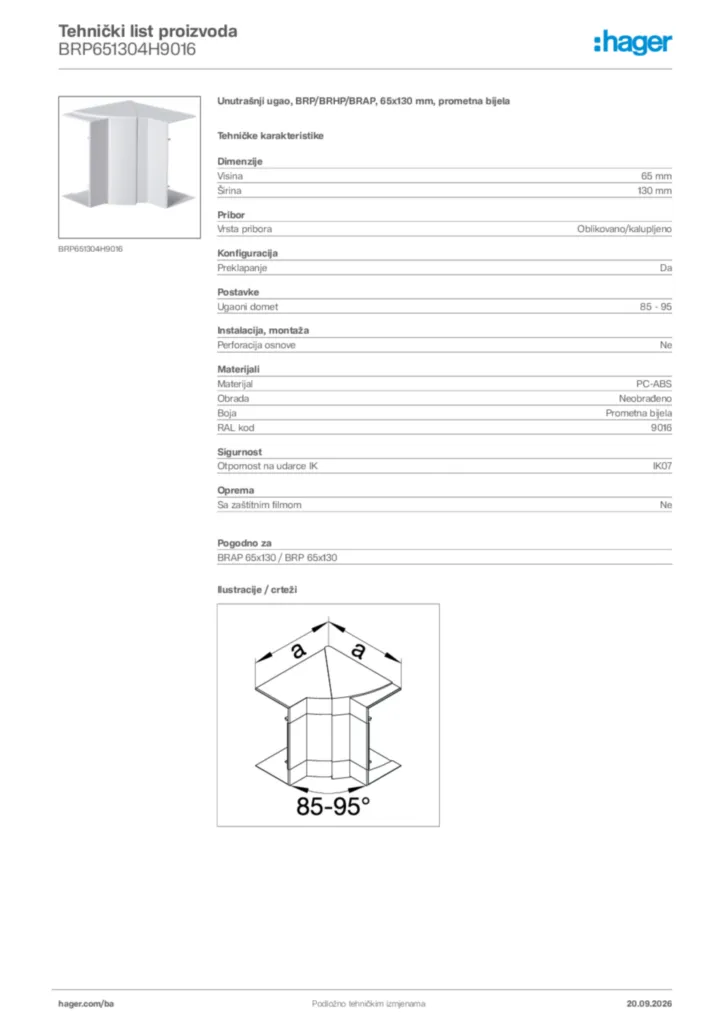 Slika Hager Tehnički list proizvoda BRP651304H9016  | Hager