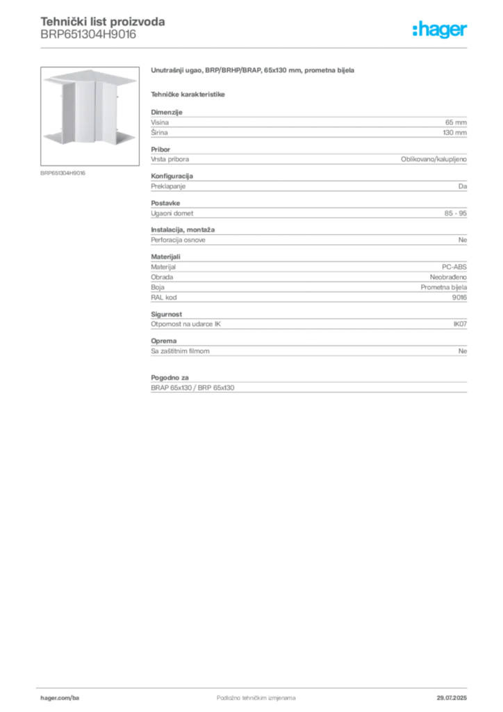 Slika Hager Product data sheet BRP651304H9016  | Hager