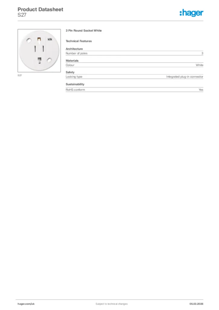 Image Hager Product data sheet S27  | Hager