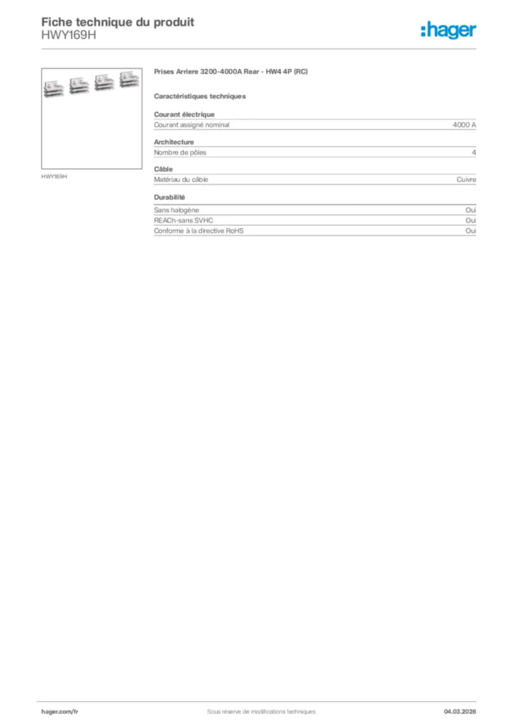 Image Hager Fiche technique du produit HWY169H | Hager France