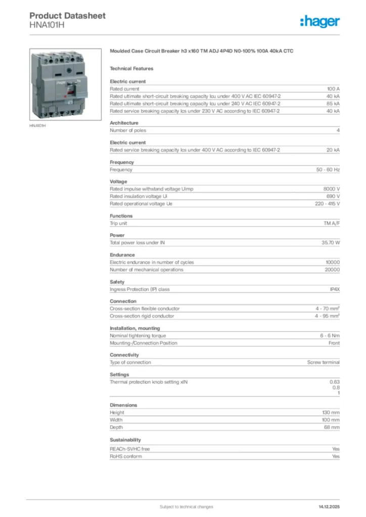 Image Hager Product data sheet HNA101H  | Hager Africa
