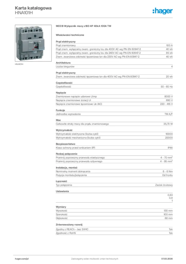 Zdjęcie Hager Karta katalogowa HNA101H | Hager Polska