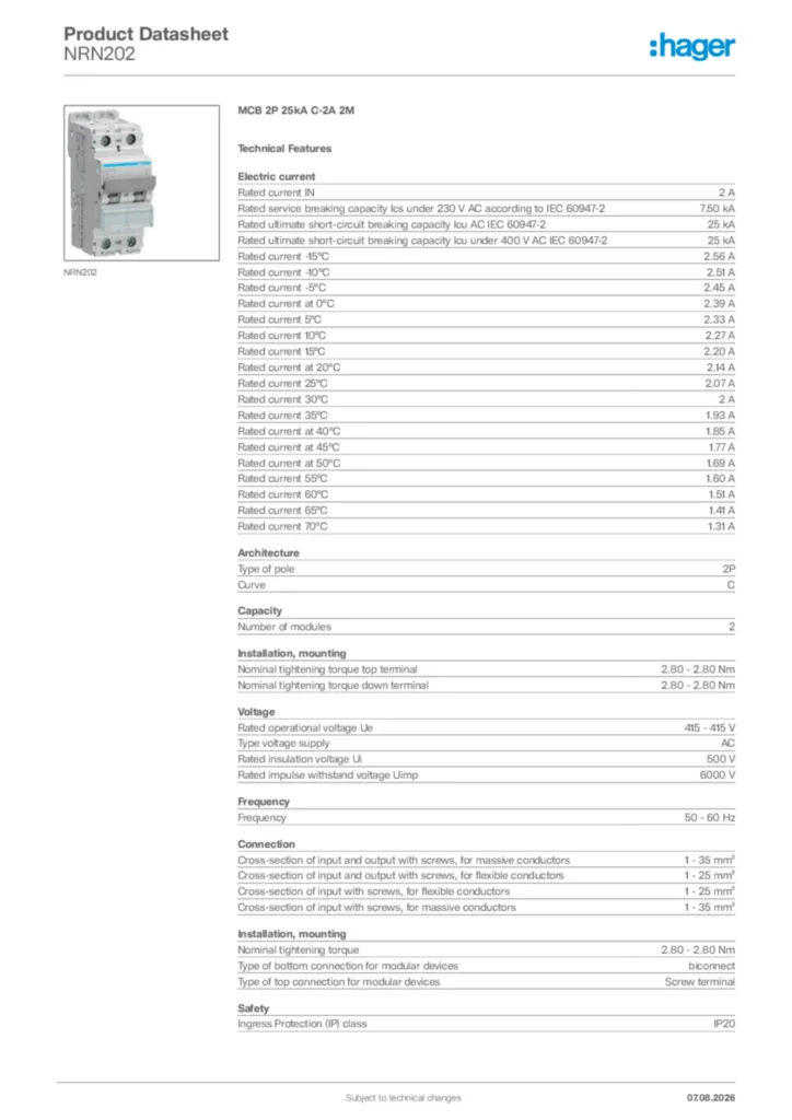 Image Hager Product data sheet NRN202  | Hager Africa