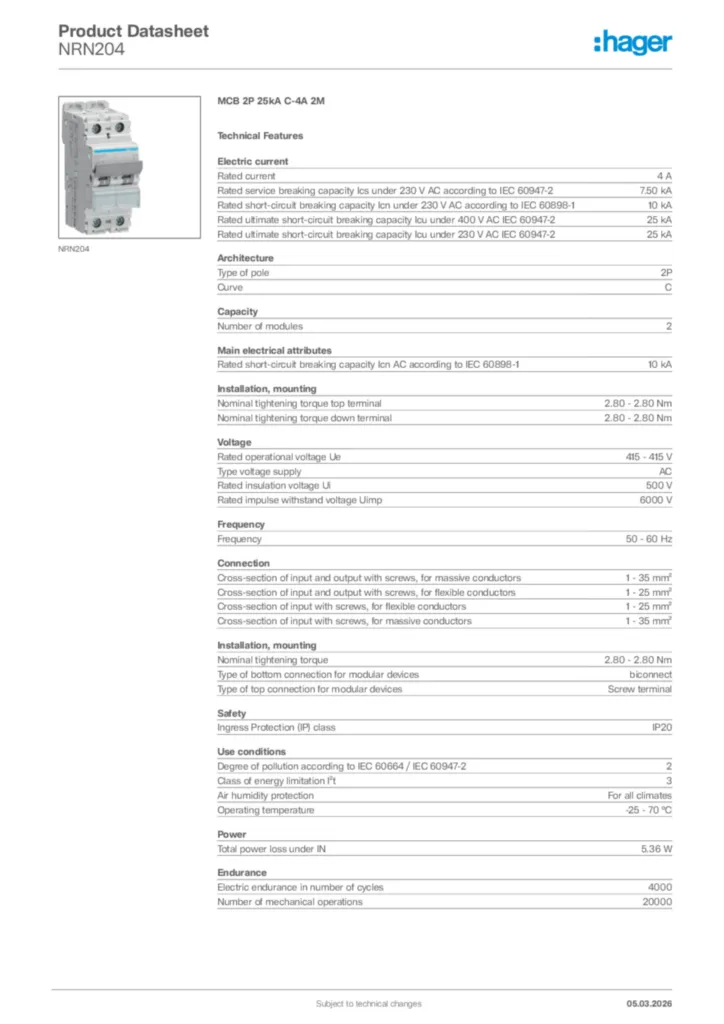 Image Hager Product data sheet NRN204  | Hager Africa