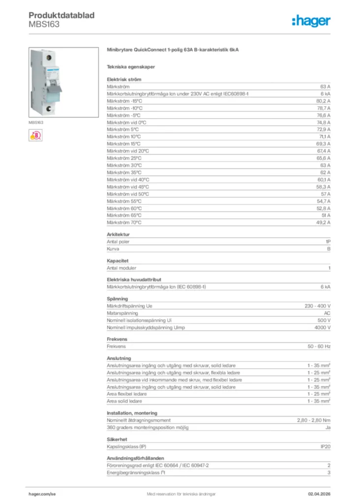 Bild Hager Produktdatablad MBS163 | Hager Sverige