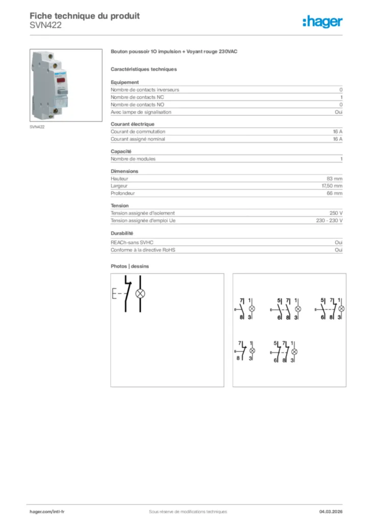 Image Hager Fiche technique du produit SVN422 | Hager Afrique