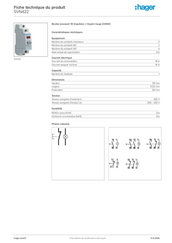 Image Hager Fiche technique du produit SVN422 | Hager France