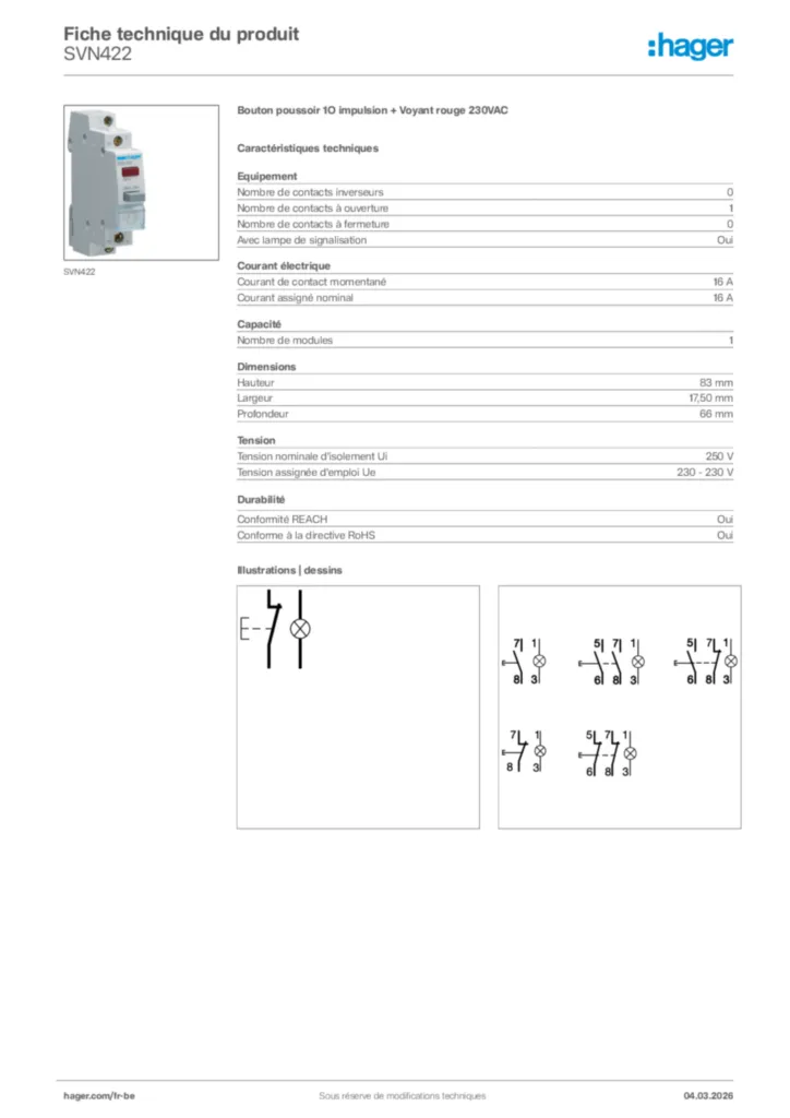 Image Hager Fiche technique du produit SVN422 | Hager Belgique