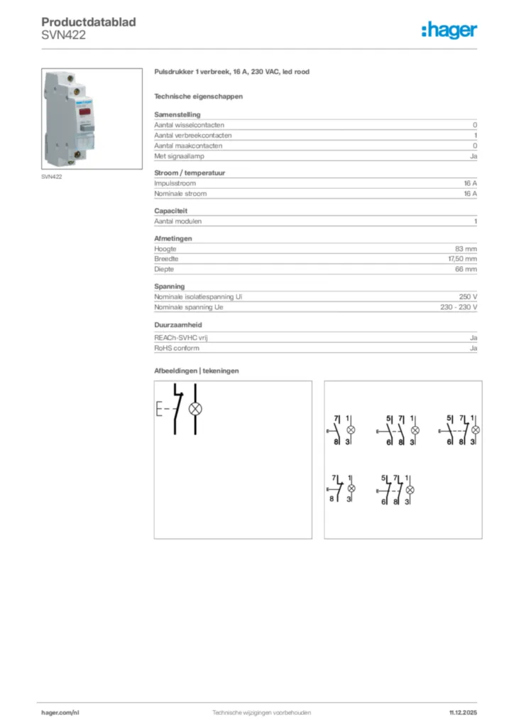 Afbeelding Hager Productdatablad SVN422 | Hager Nederland