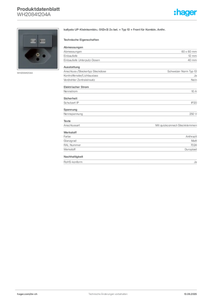 Bild Hager Produktdatenblatt WH20841204A | Hager Schweiz
